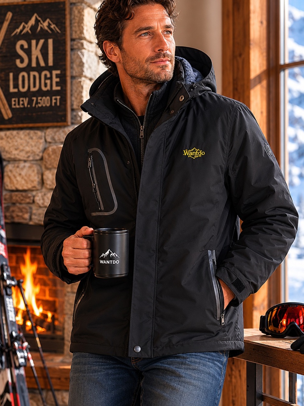 Wantdo Men’s Waterproof Ski Jacket Black Fleece Lined Winter Coat Hooded Size L